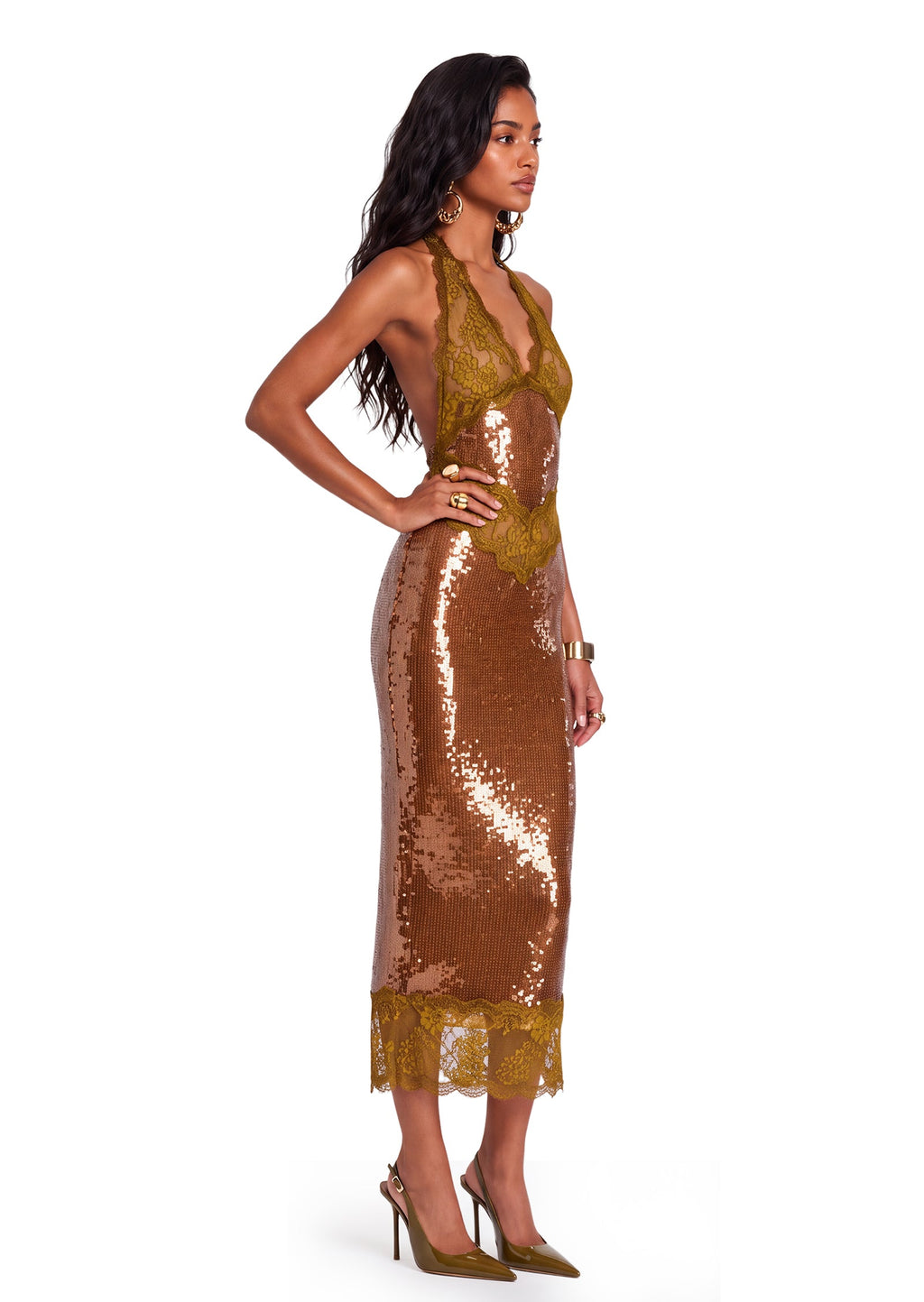 Julieta Sequin Lace Midi Dress In Brown