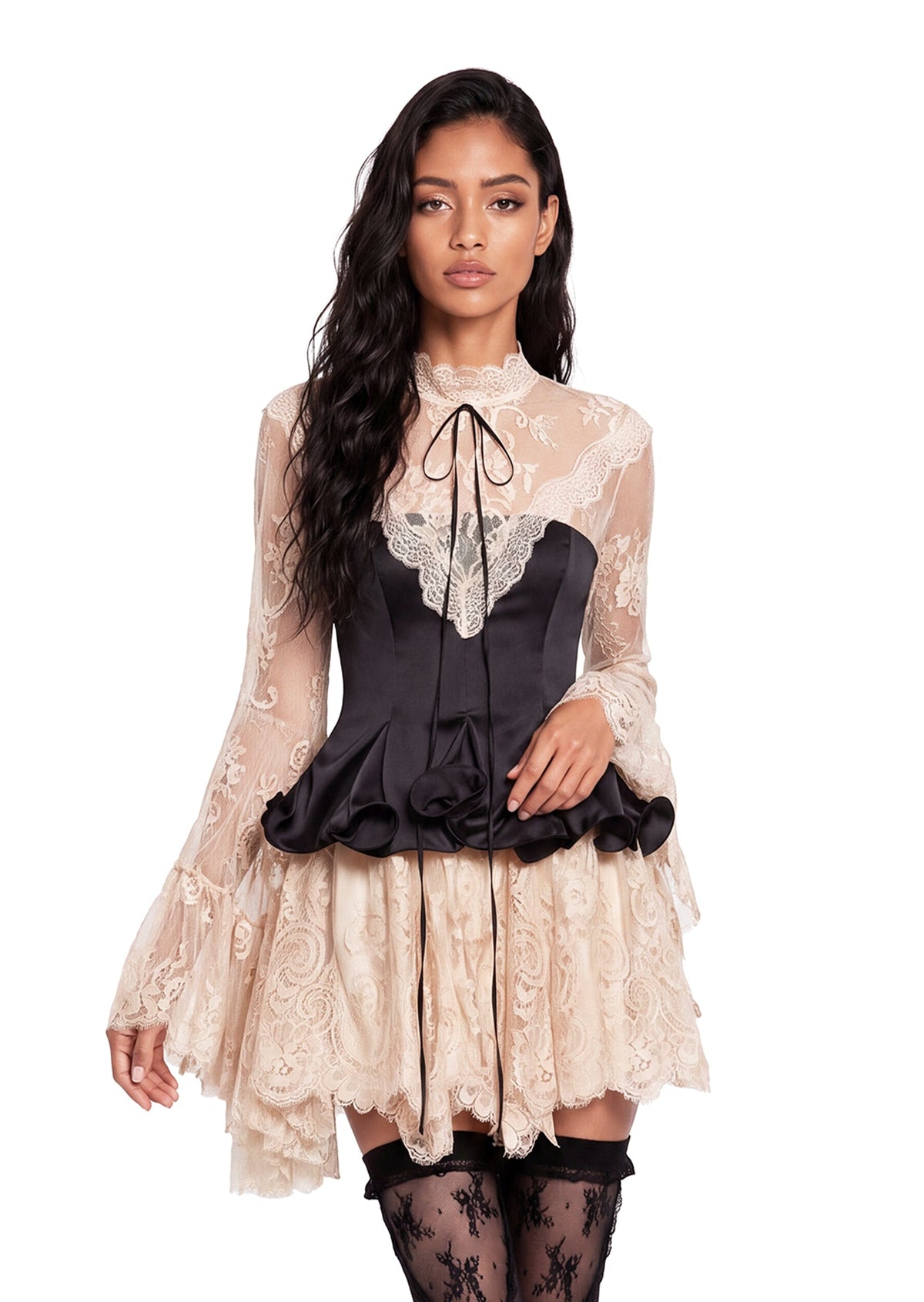 Raam Lace Satin Bell Sleeve Mini Dress