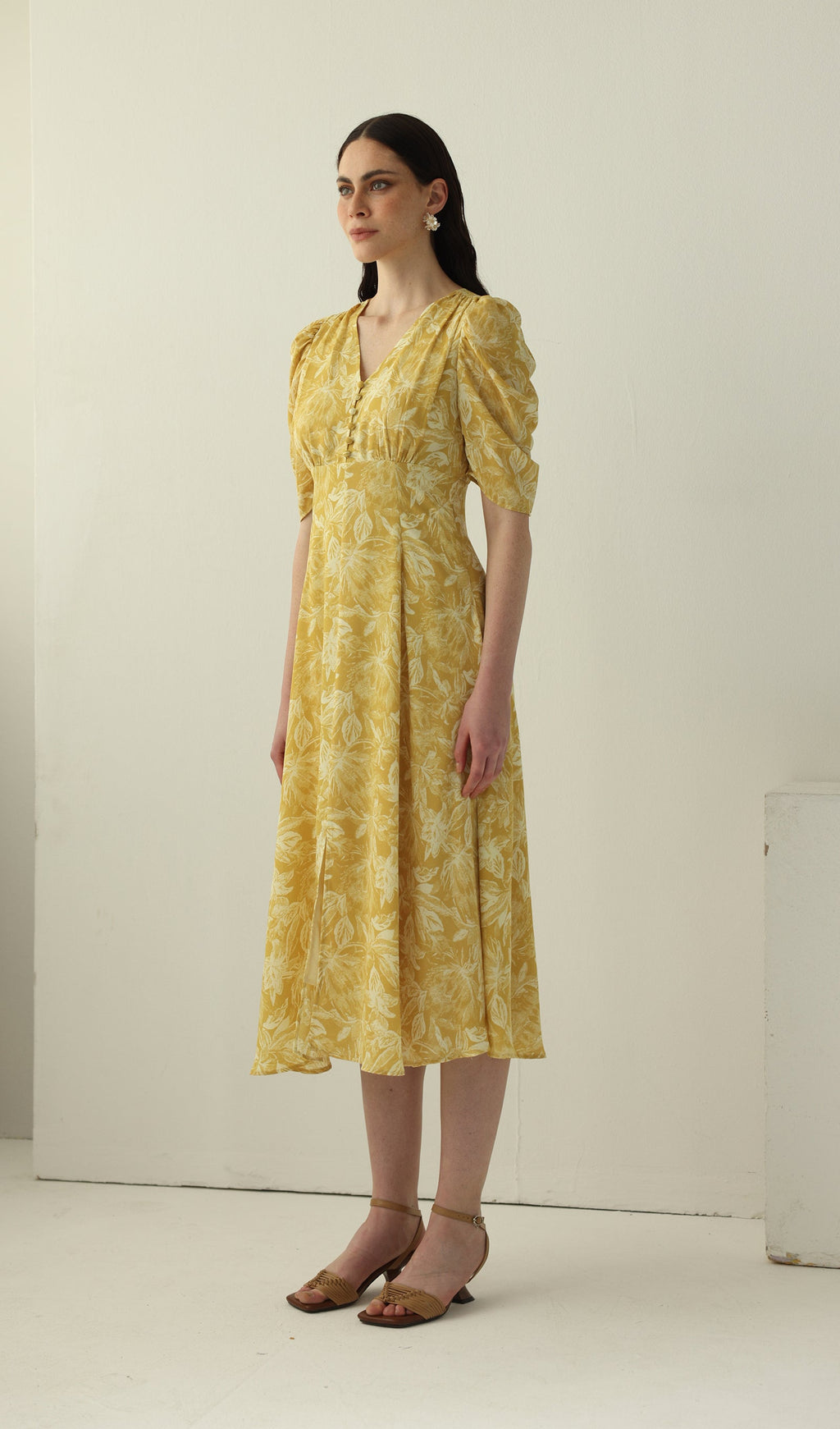 Yellow Printed Short Sleeve Midi Dress