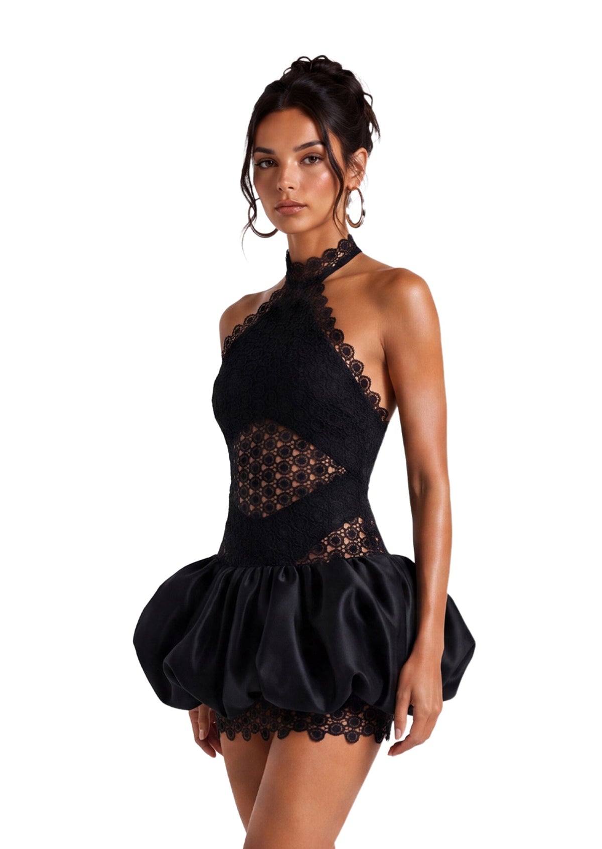 Fauve Lace Trimmed Satin Mini Dress In Black