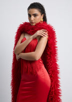 Hiba Fringe Detail Satin Maxi Dress With Fur Collar