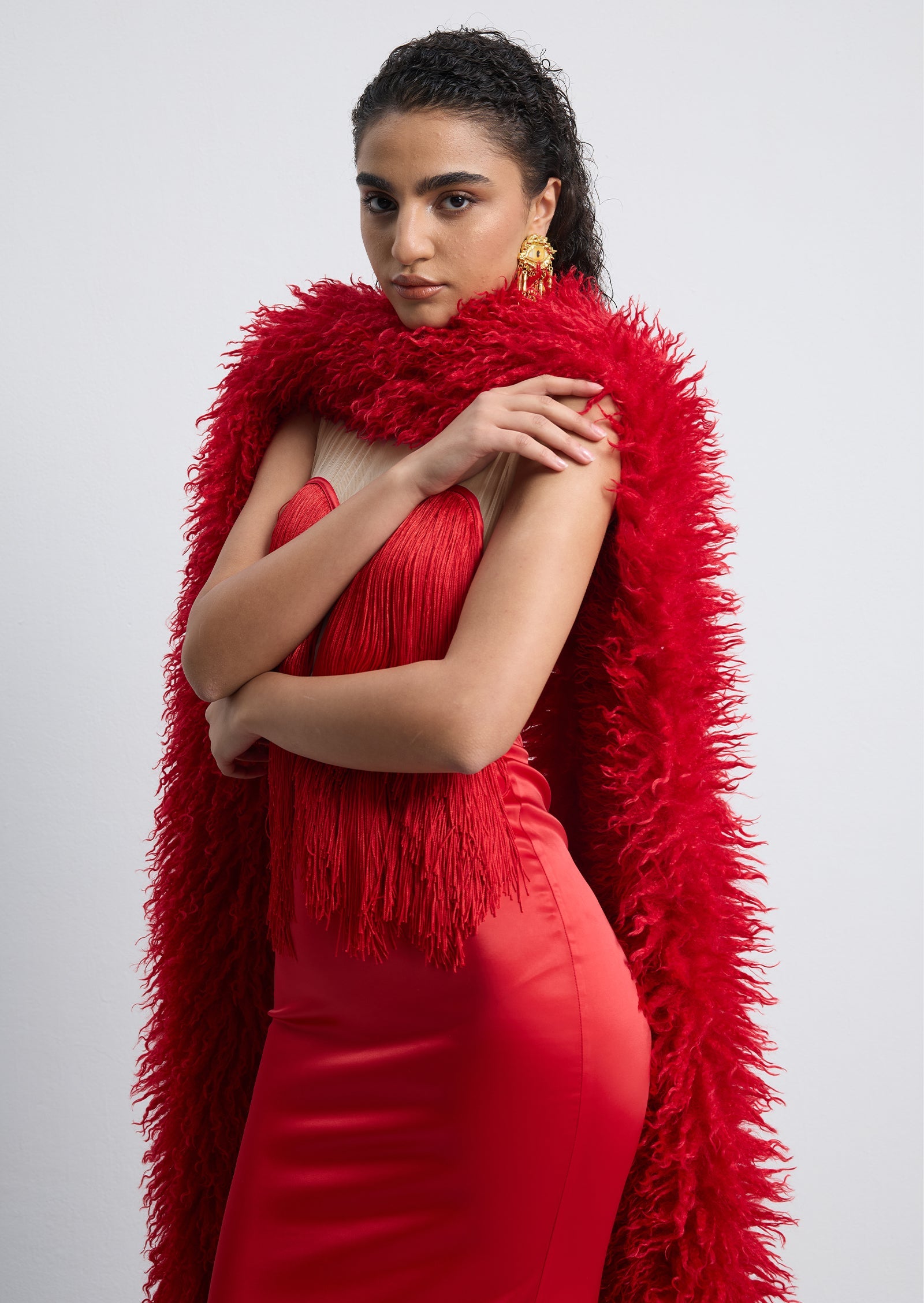 Hiba Fringe Detail Satin Maxi Dress With Fur Collar