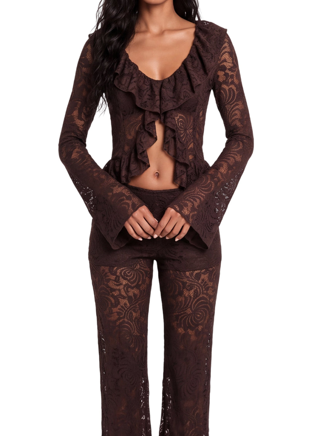 Earleen Lace Top & Flared Trousers Set In Brown