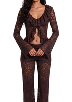 Earleen Lace Top & Flared Trousers Set In Brown