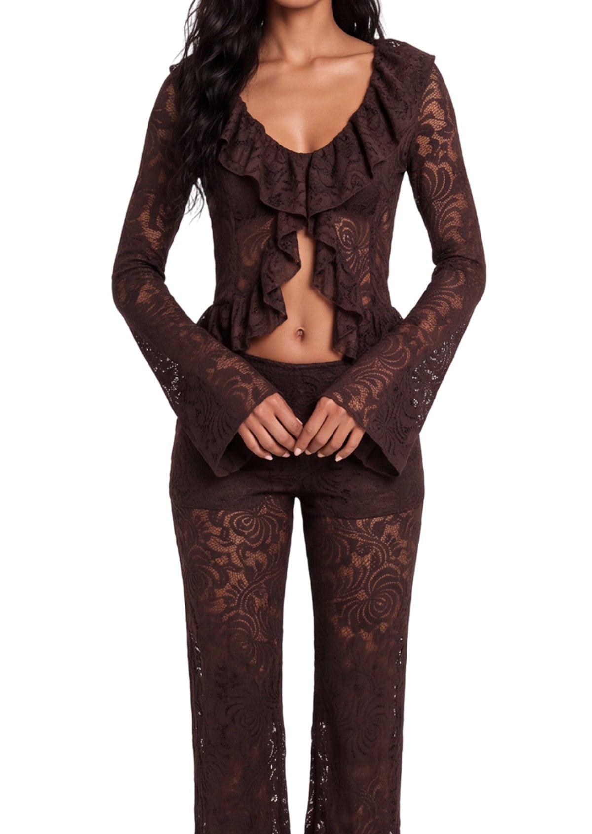 Earleen Lace Top & Flared Trousers Set In Brown