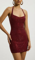 Embellished Halterneck Mini Dress In Claret