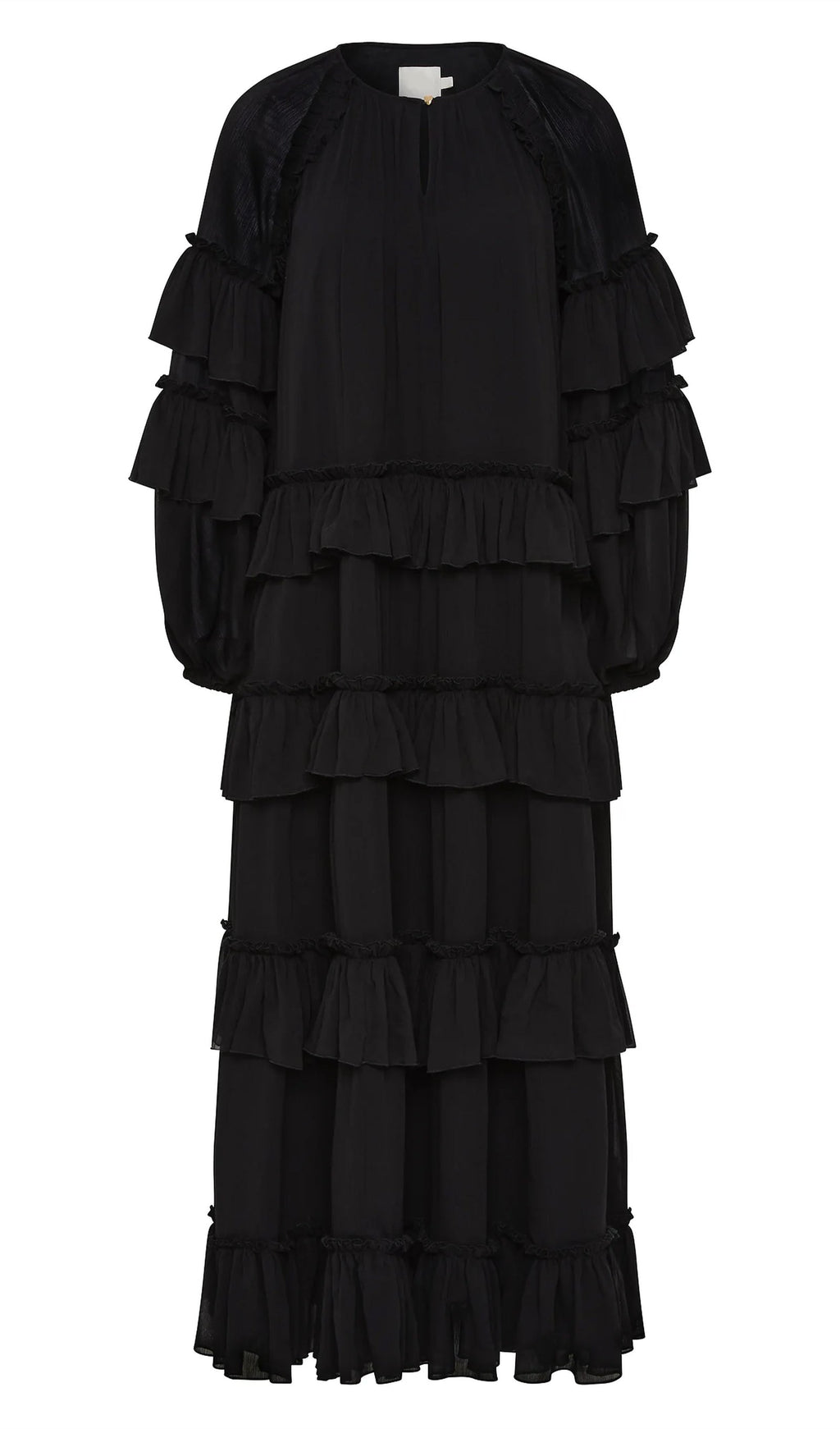 Ruffle Tiered Puff Sleeve Maxi Dress In Black
