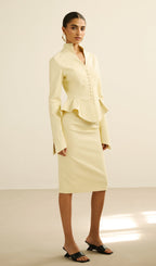 Solid Peplum Jacket & Slit Midi Skirt Set