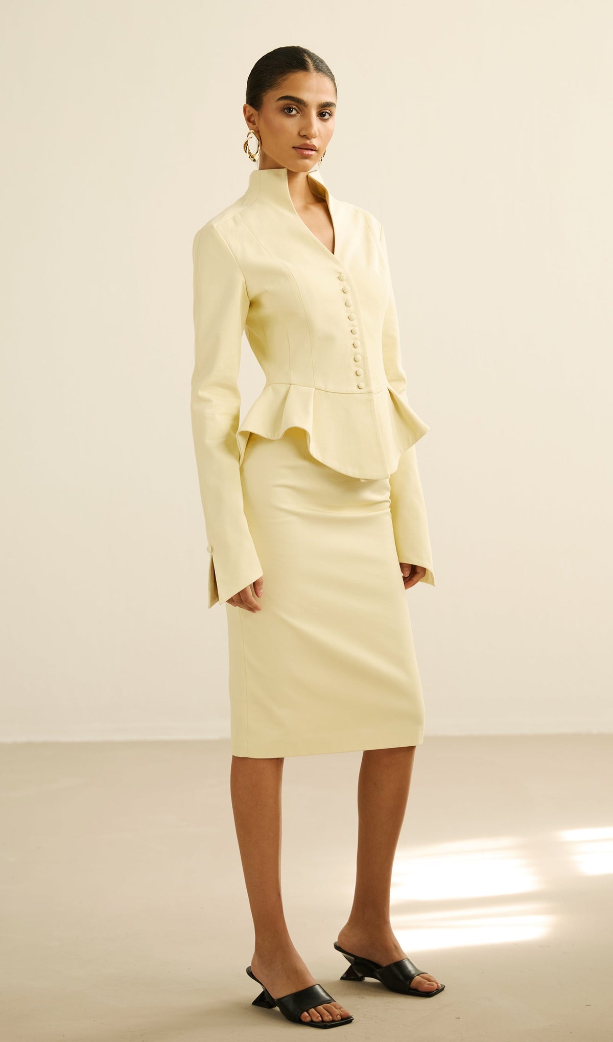 Solid Peplum Jacket & Slit Midi Skirt Set