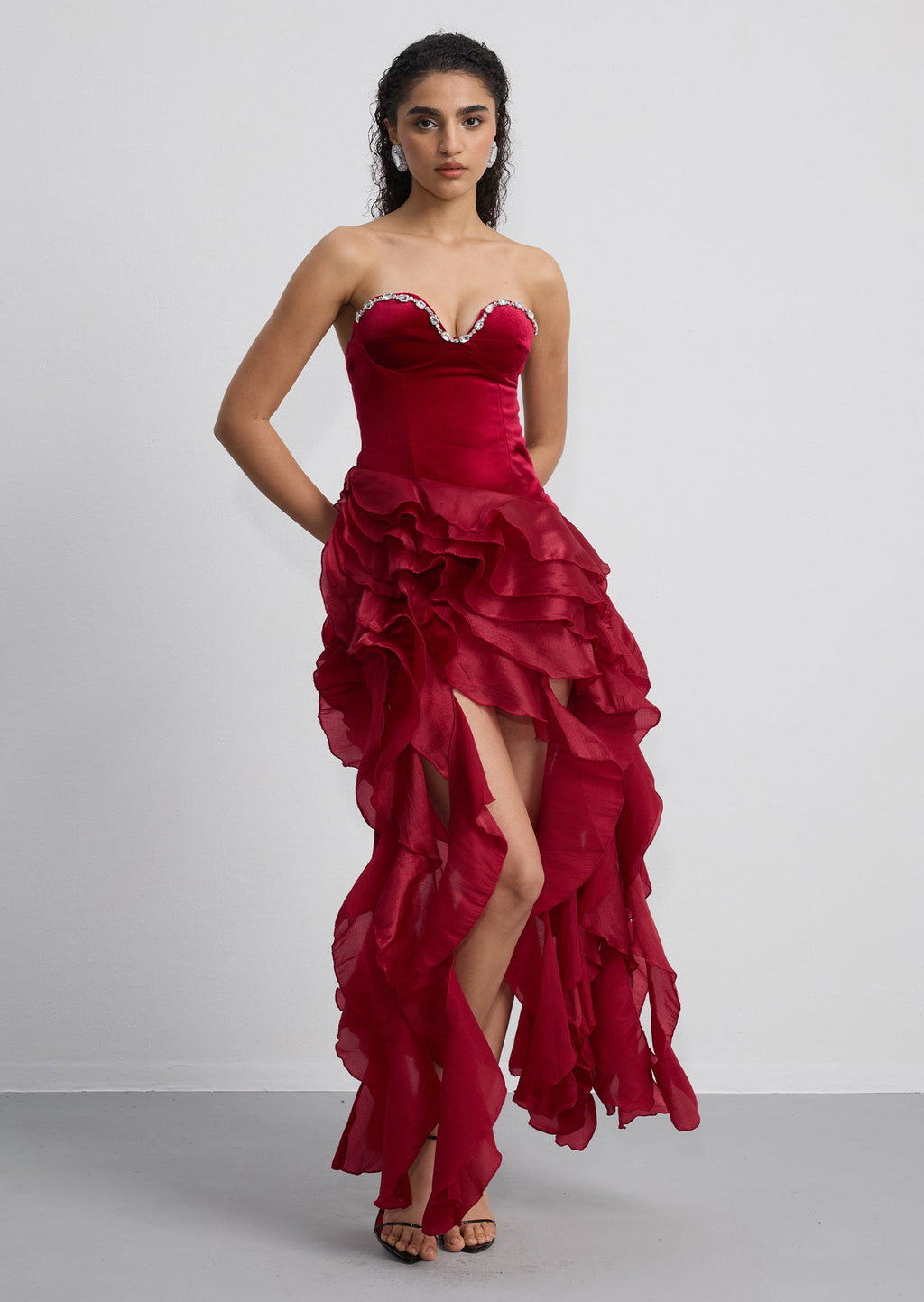 Strapless Ruffled Velvet Maxi Dress In Red