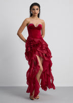Strapless Ruffled Velvet Maxi Dress In Red