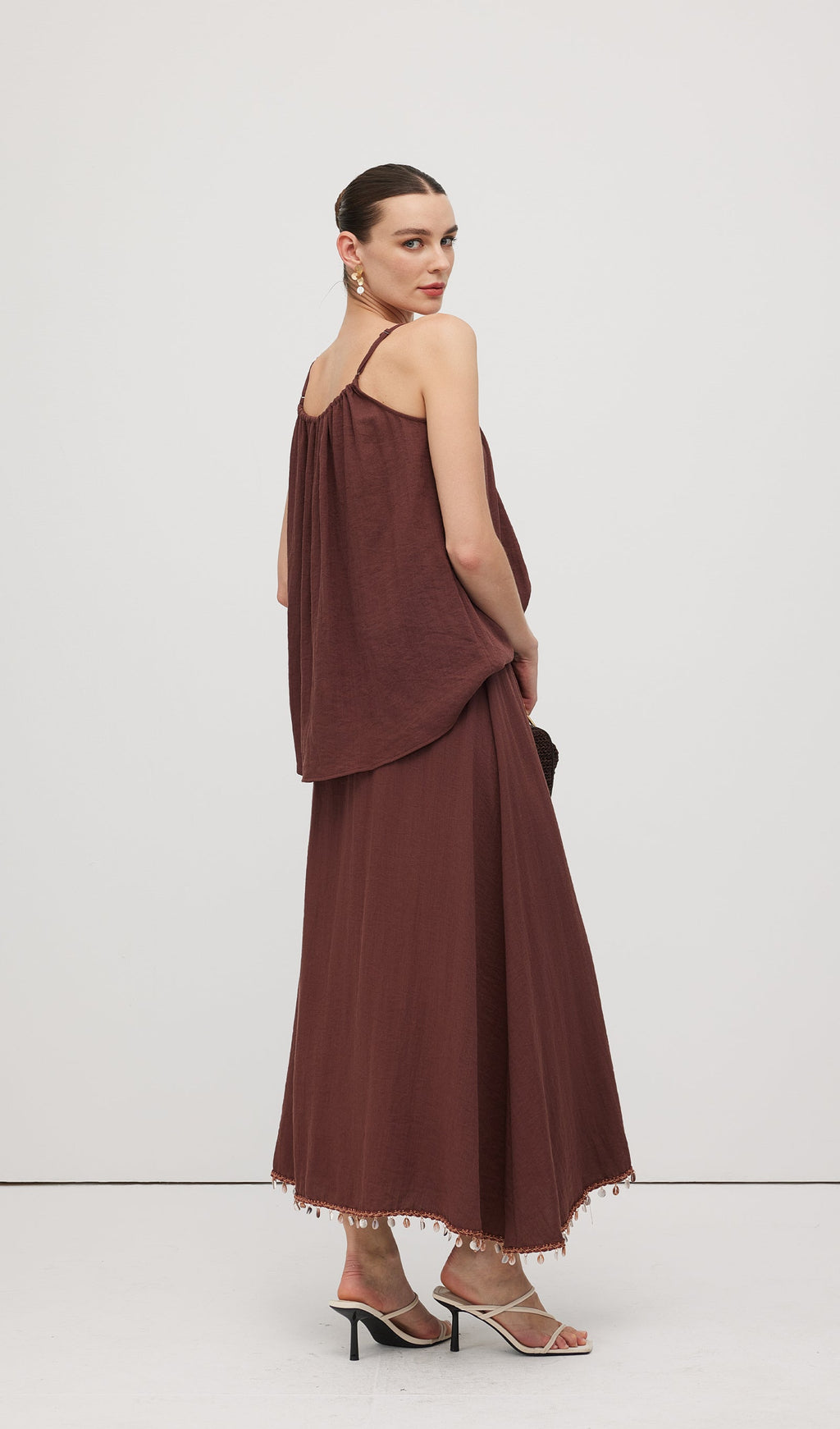 Cotton And Linen Lace Up Midi Skirt Sets