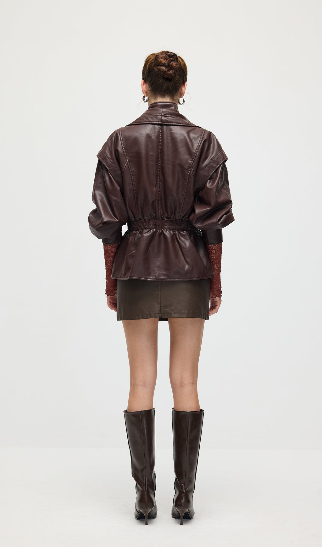 Waisted Lapel Leather Jacket In Brown