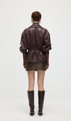 Waisted Lapel Leather Jacket In Brown