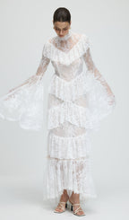 Floral Lace Ruffled Maxi Dress In White