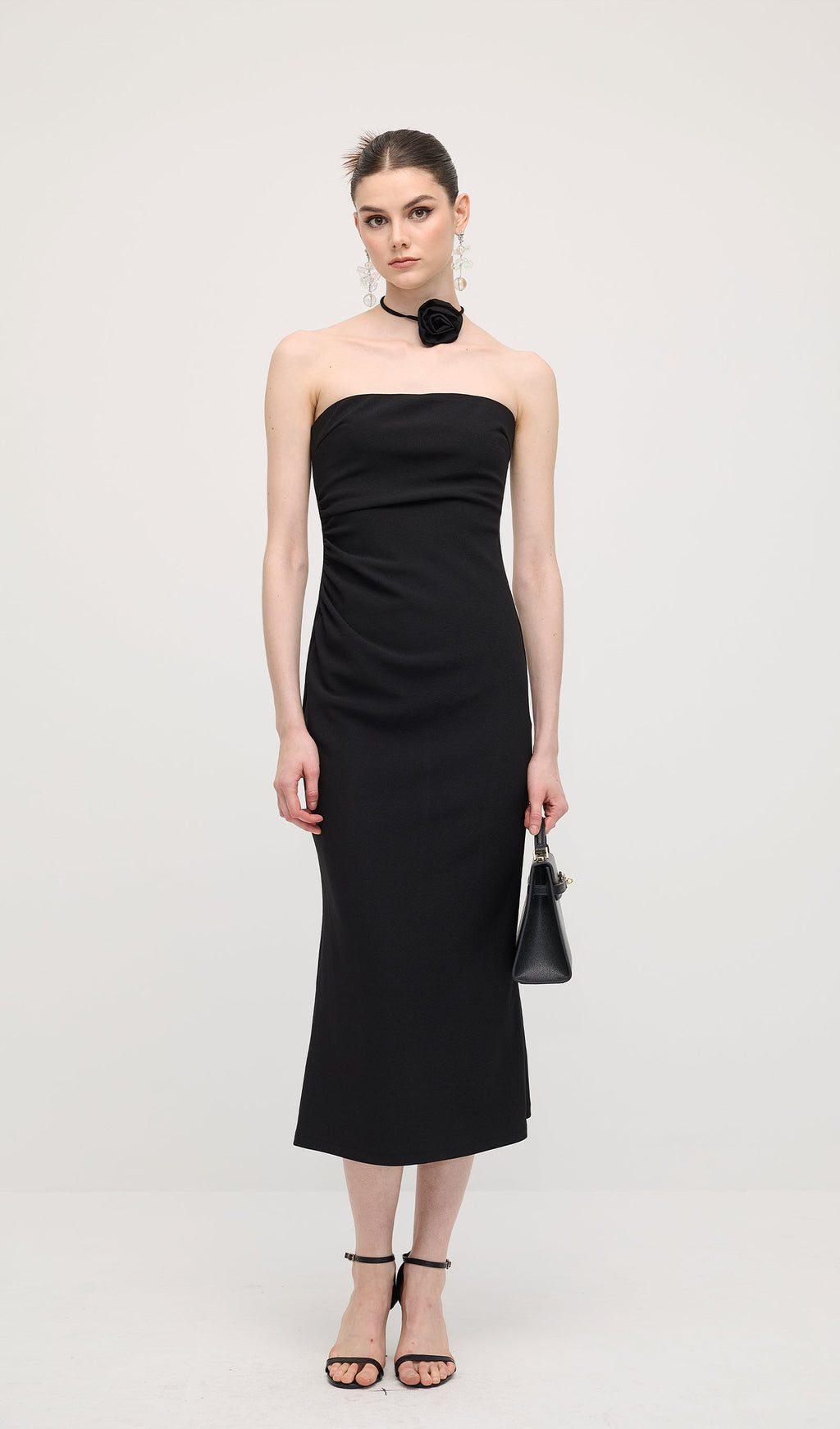 Solid Off Shoulder Midi Dress In Black
