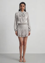 Bow Blouse & Shirred Skirt Set In Silver