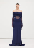One Shoulder Slinky Ruched Maxi Dress-Blue
