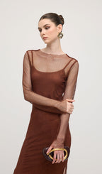 Mesh With Monochrome Lining  Maxi Dress In Coffee