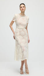 Cream Tulle Lace Midi Dress