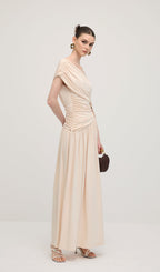 Off Shoulder Pleated Maxi Dress In Dune