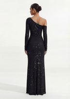 Diamante Long Sleeve Maxi Dress In Black