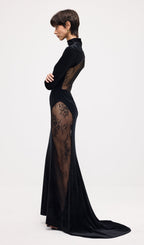 Semi-Sheer Lace Velvet Maxi Dress