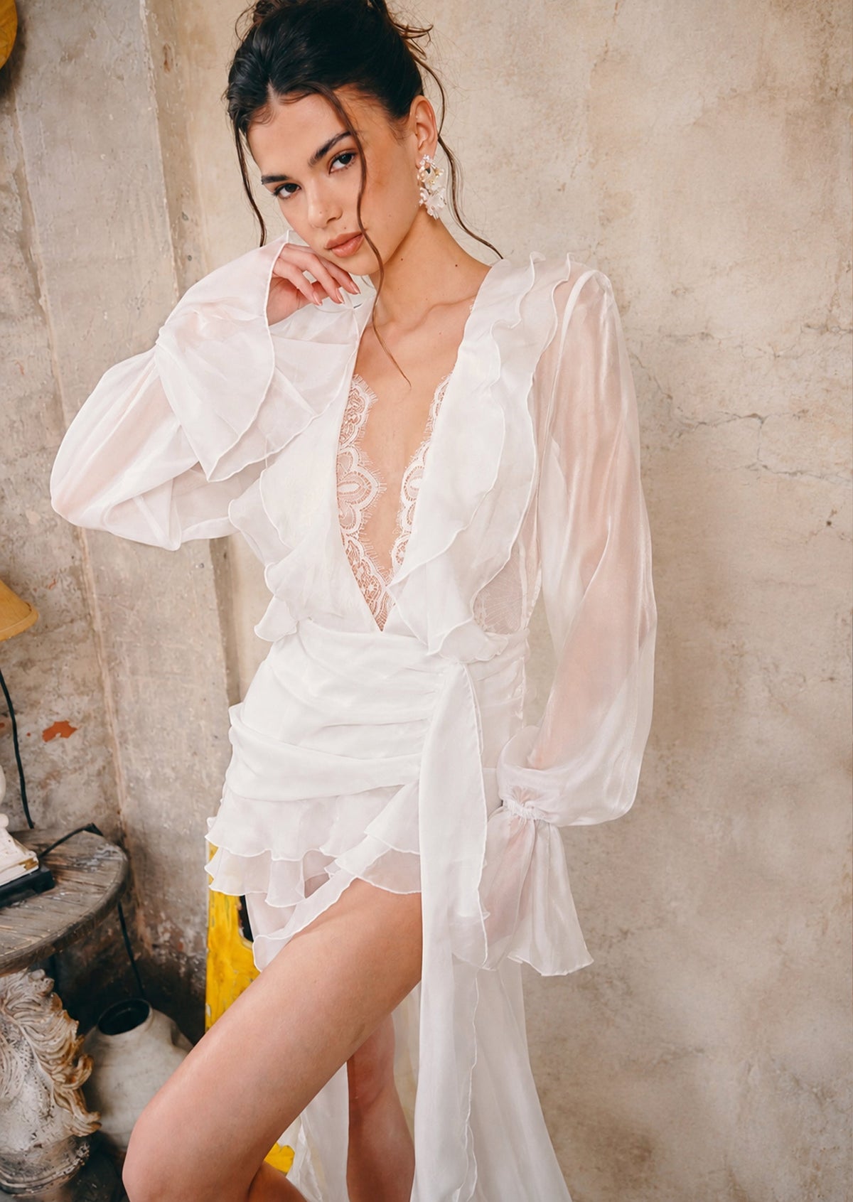 Acantha Plunging Neckline Chiffon Dress In White