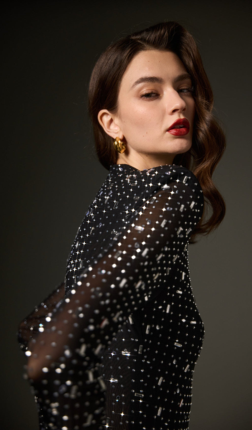 Rhinestone-Embellished Mesh Maxi Dress