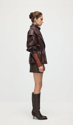 Waisted Lapel Leather Jacket In Brown