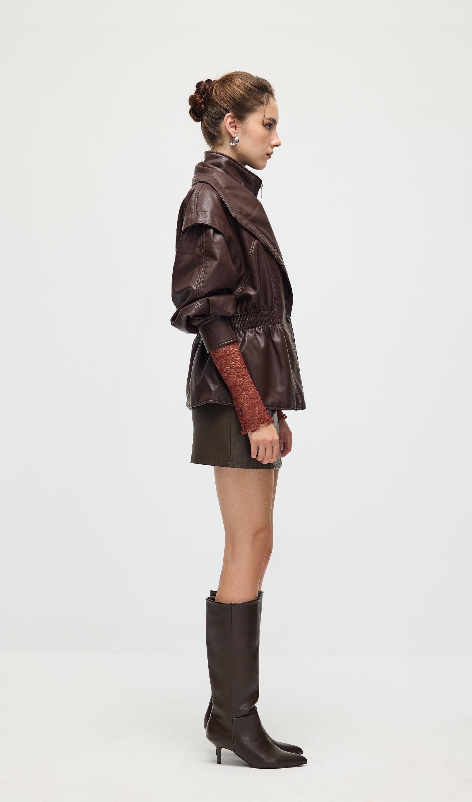 Waisted Lapel Leather Jacket In Brown