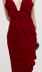 Petal Strapless Velvet Maxi Dress In Red