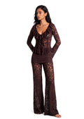 Earleen Lace Top & Flared Trousers Set In Brown