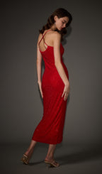 Diamante Ruched Midi Dress In Red