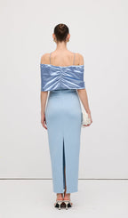 Off Shoulder Draped Satin Maxi Dress