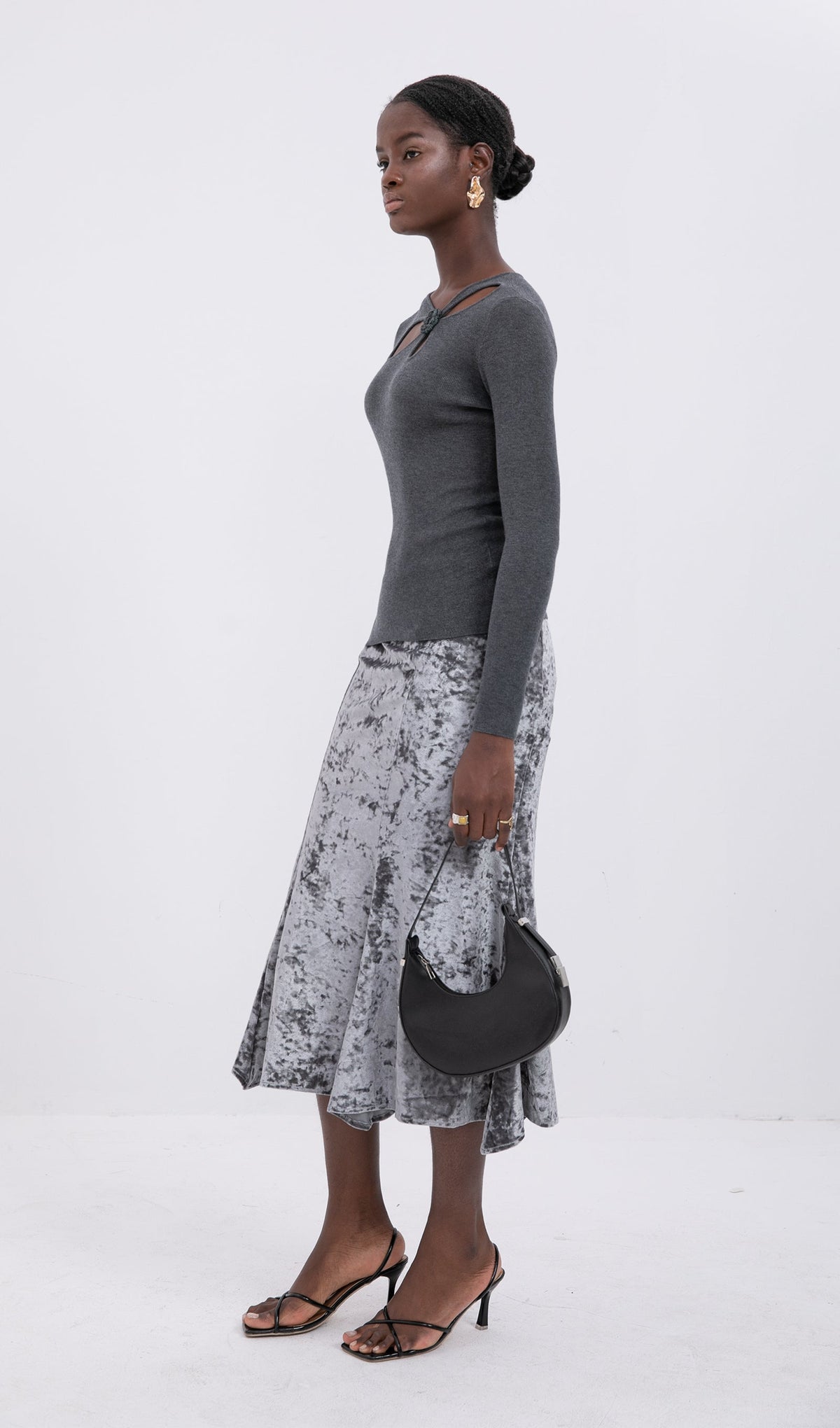 Trendy High Waist Velvet Midi Skirt-Silver