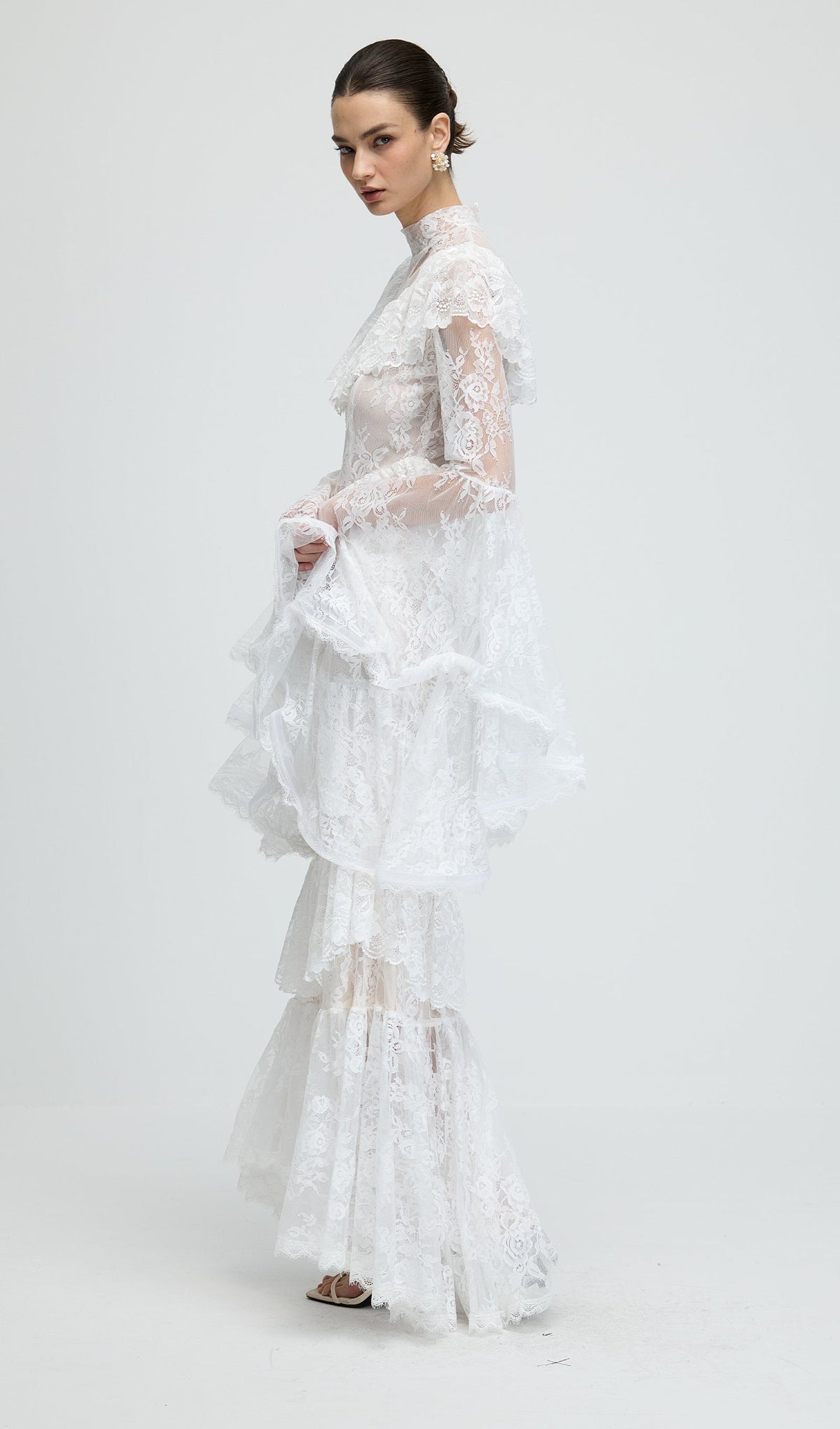 Floral Lace Ruffled Maxi Dress In White