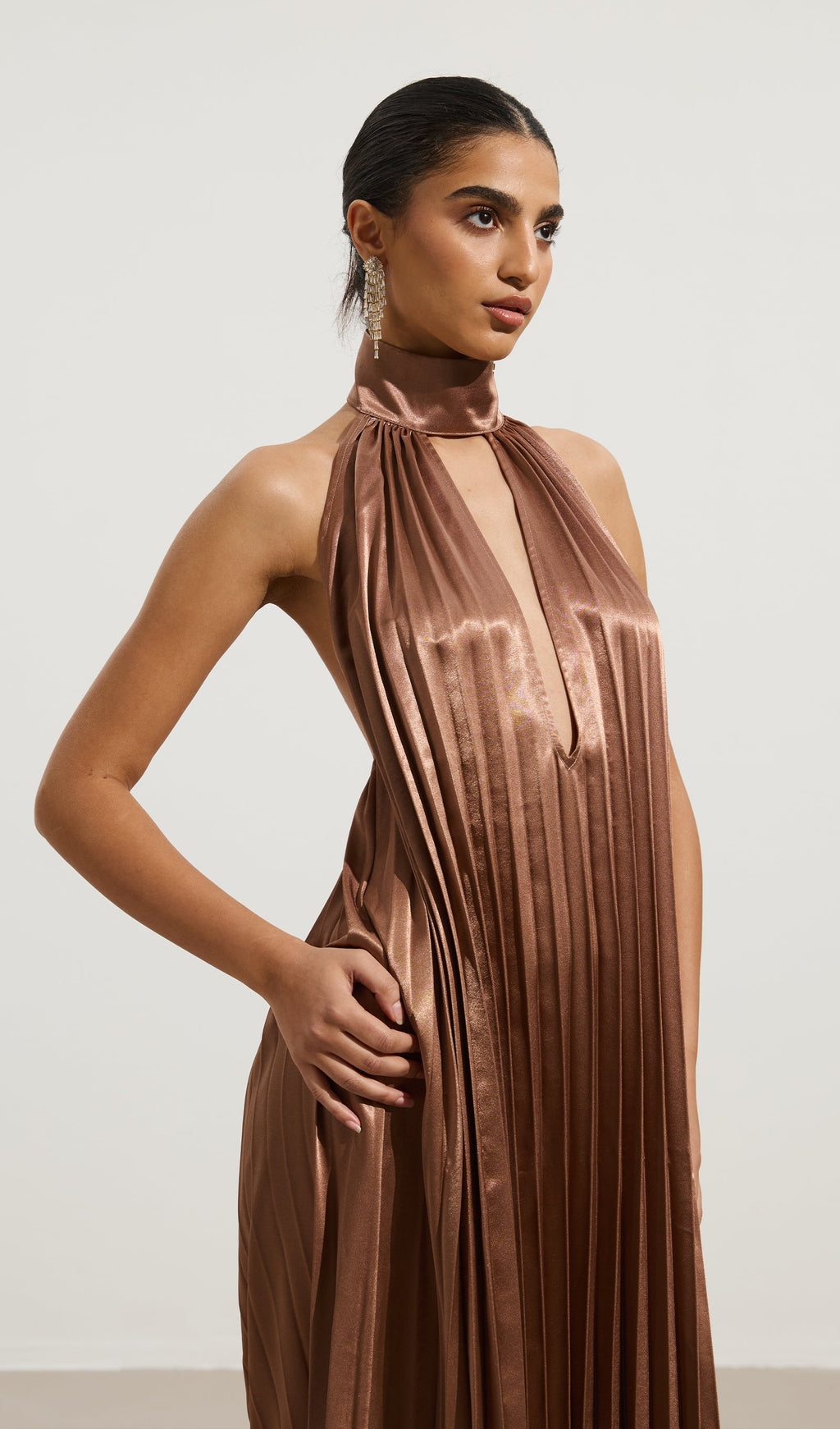 V Neckline Pleats Ruffled Maxi Dress