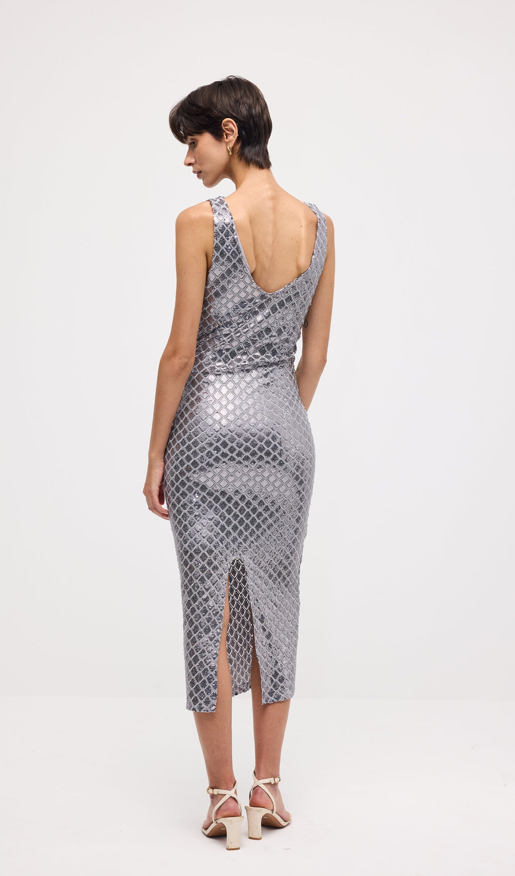 Sleeveless Embellished V Neck Midi Dress