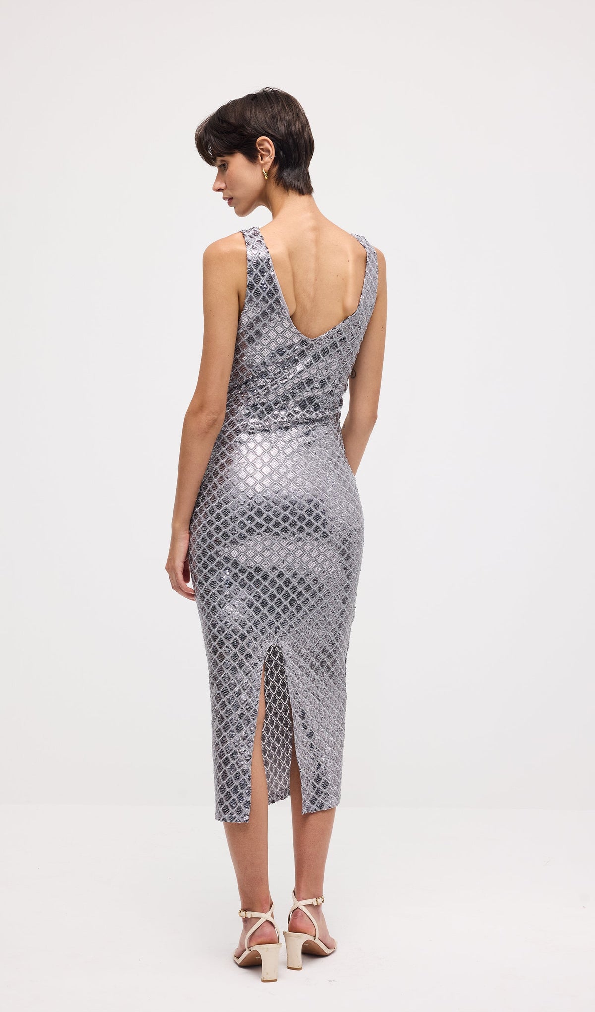 Sleeveless Embellished V Neck Midi Dress