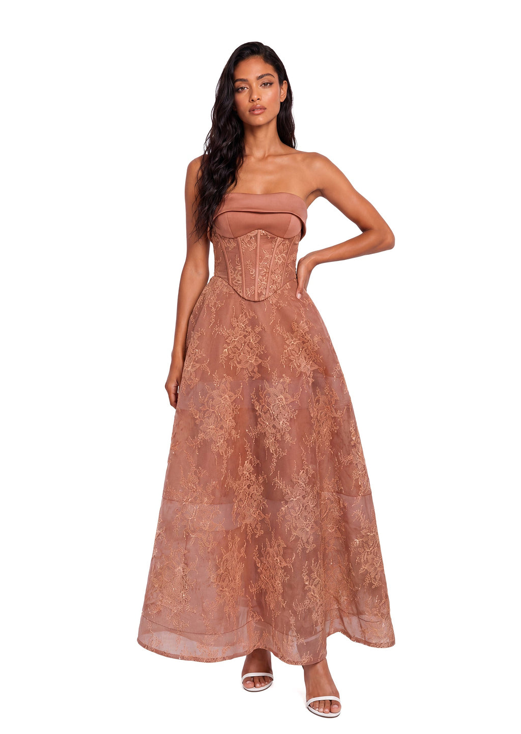 Xhosa V Neck Lace Midi Dress In Coffee