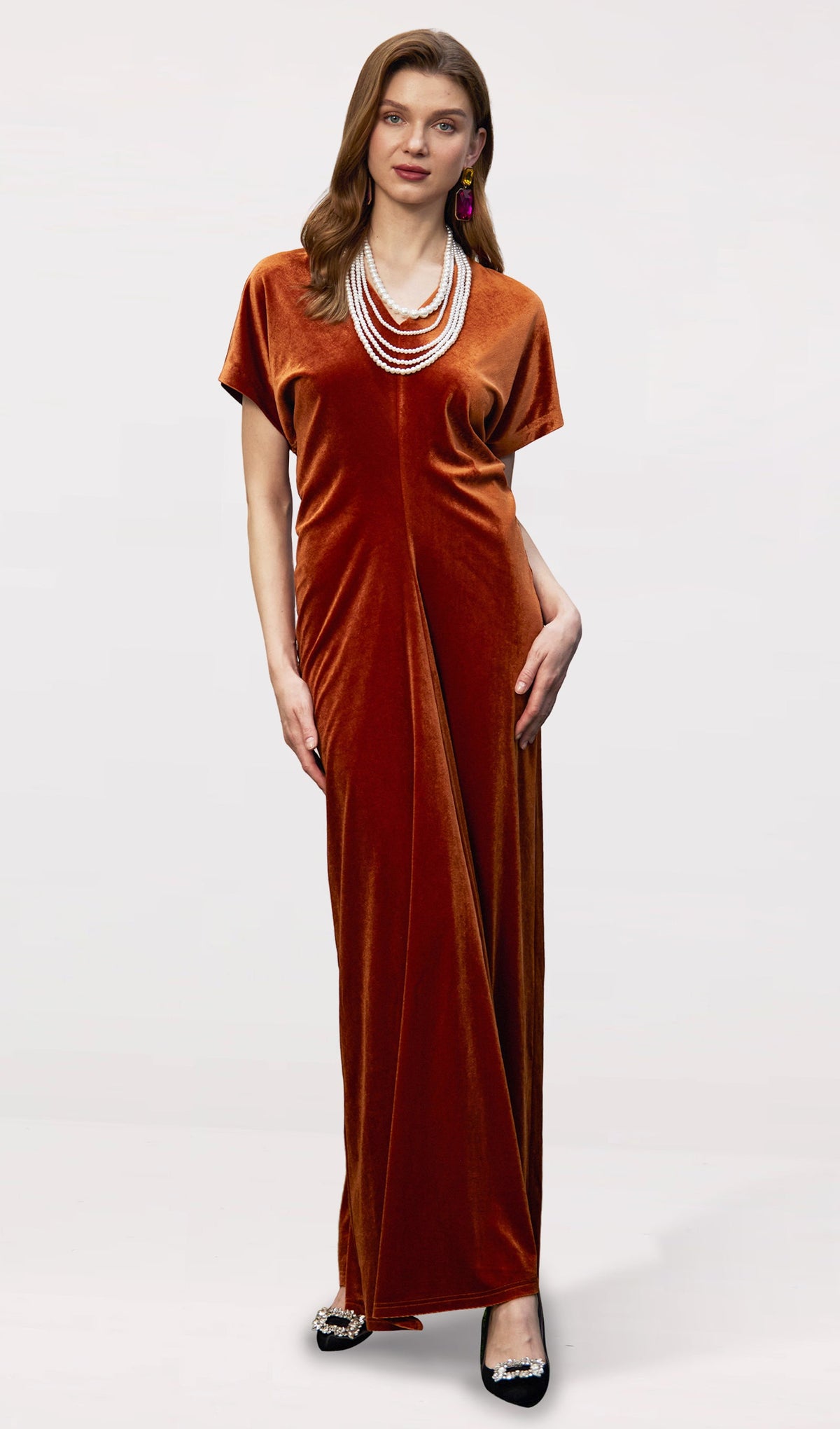 Bias-Cut Velvet Maxi Dress-Copper