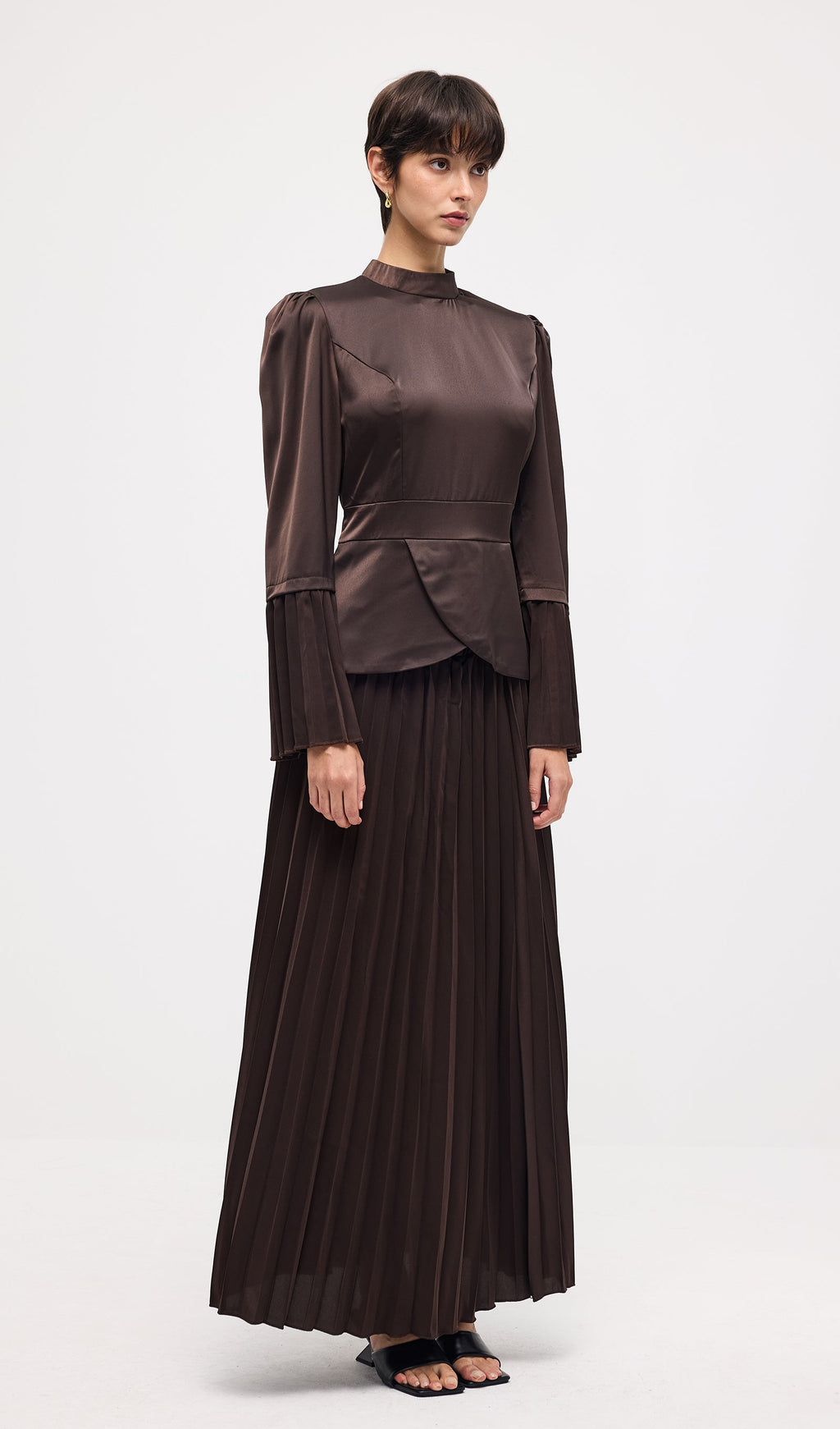Solid Pleated Peplum Two Piece Set Maxi Skirt