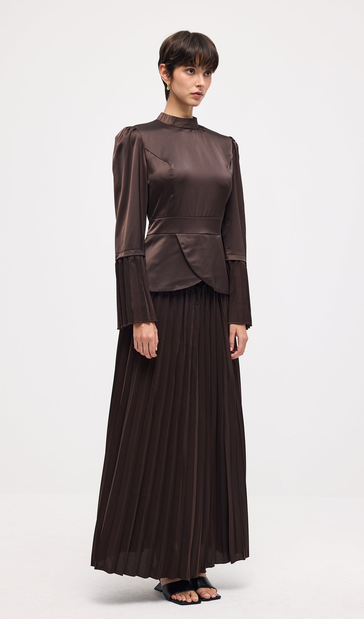 Solid Pleated Peplum Two Piece Set Maxi Skirt