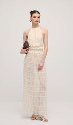 Halter Top & Ruched Detail Maxi Skirt Sets In White