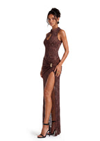 Loa Stand Up Collar Slit Maxi Dress In Dight Brown