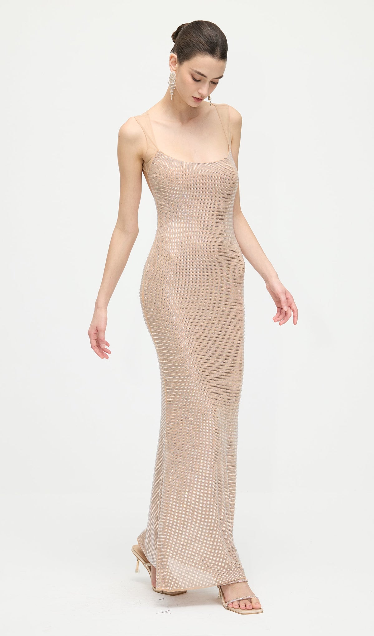 Hot Fix Maxi Dress With Mesh Back In Nude