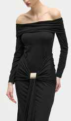 Off Shoulder Ruffle Maxi Dress In Black