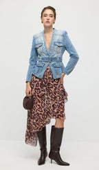 Solid V Neck Blue Denim Jacket With Belt
