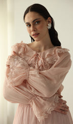 V Neck Lace Panel Ruffled Top